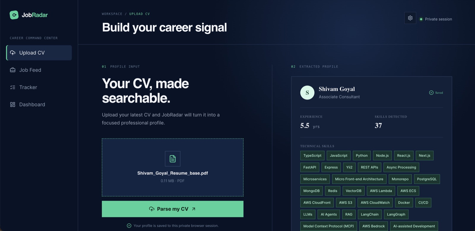JobRadar upload screen: a parsed CV on the left and the extracted profile with experience, skill count and technical skill tags on the right